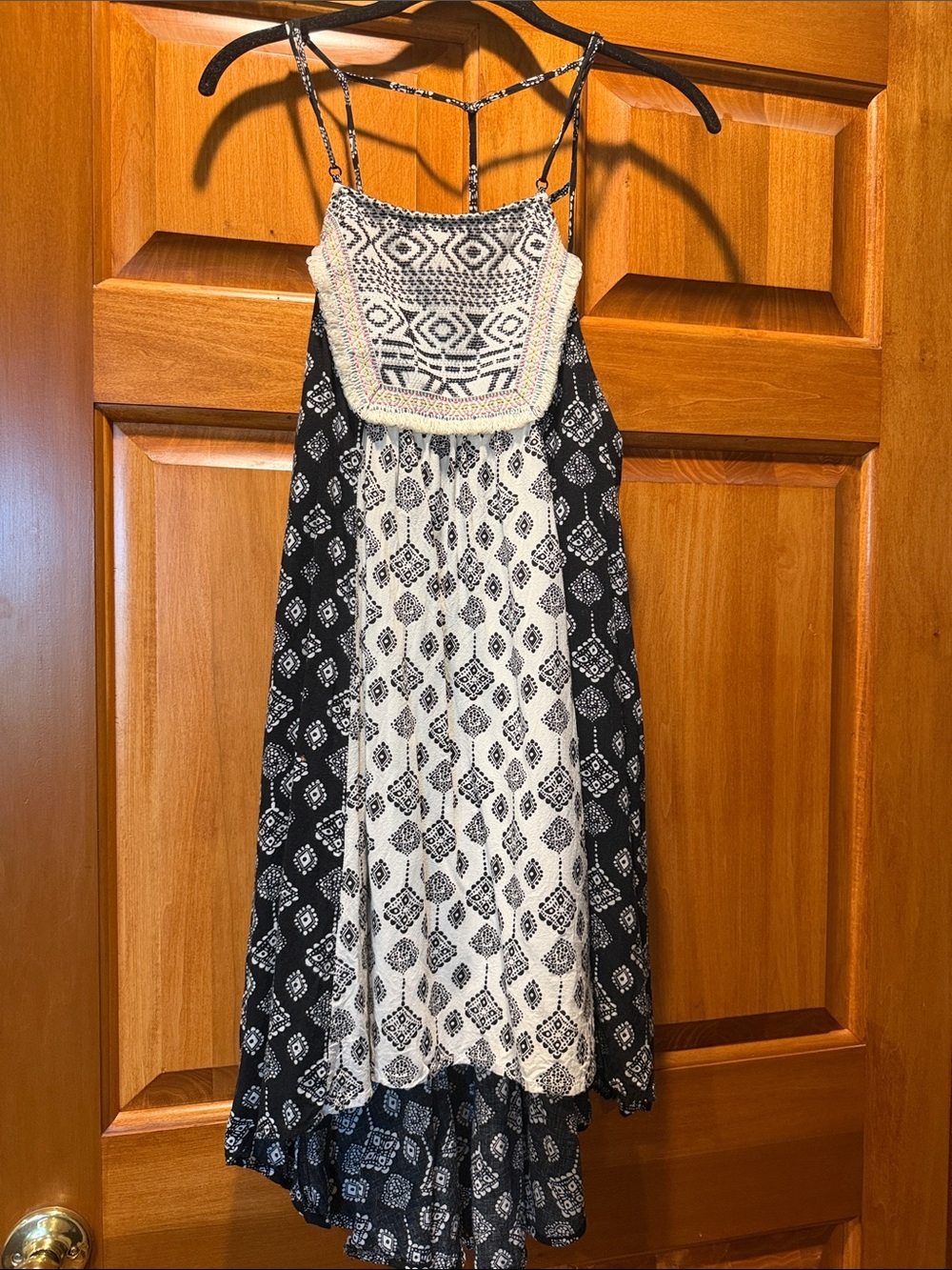 Flying Tomato Black and Cream High-Low Printed Sundress with Embellished Bib